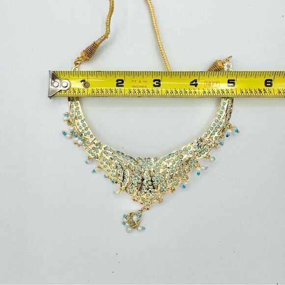 Gold Plated Blue Stone Beaded Rajasthani Kundan Bridal Necklace - Picture 12 of 13